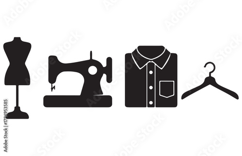 Collection of fashion design and tailoring icons including a dress form sewing machine shirt and hanger