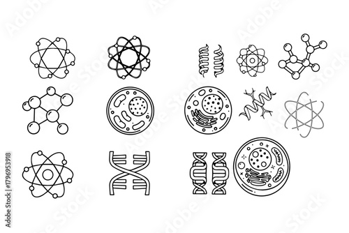 Silhouettes pack of Molecule, cell, atom, protein related editable stroke outline icons with pure white background