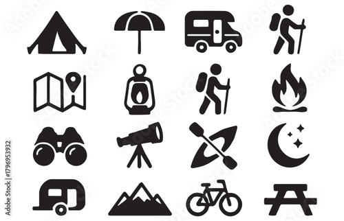 Collection of black and white camping and outdoor recreation icons for travel and adventure themes