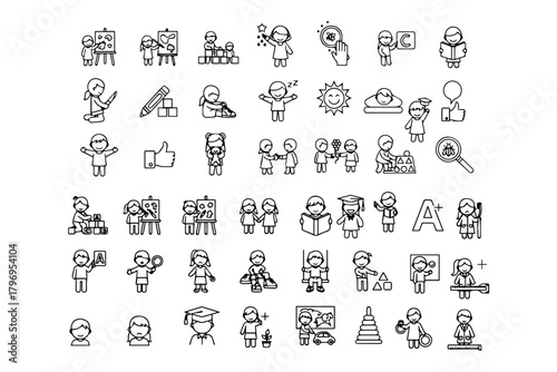 Silhouettes pack of Preschool abilities and child development related editable stroke outline icons with pure white background