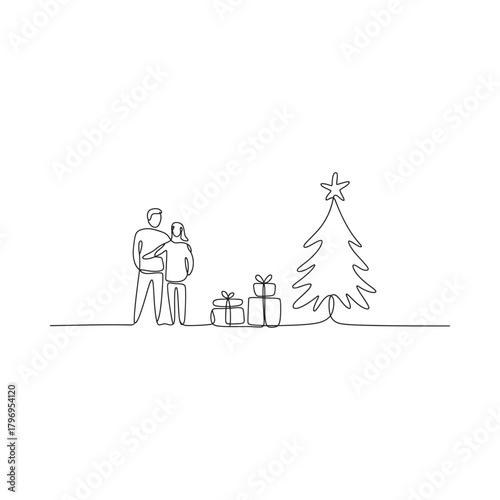 Minimalist line art of a family and christmas tree with gifts