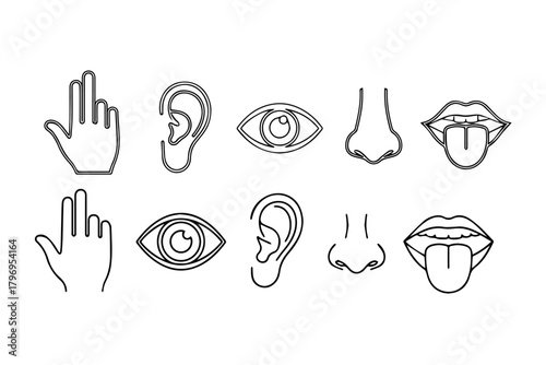 Silhouettes pack of Five human senses  concept editable stroke outline icons with pure white background