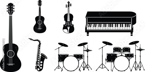 Musical instrument silhouette cartoon illustration, expressive ensemble icons and symbolic sound artwork for design and education