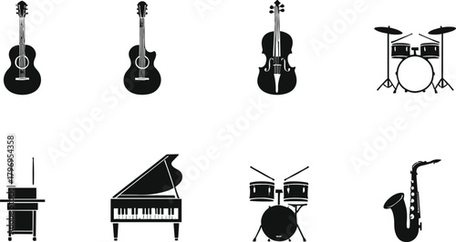 Musical instrument silhouette cartoon illustration, expressive ensemble icons and symbolic sound artwork for design and education