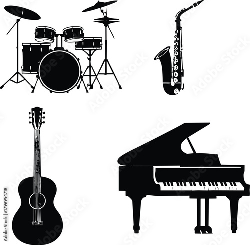 Musical instrument silhouette cartoon illustration, symbolic sound icons and expressive ensemble artwork for design and education