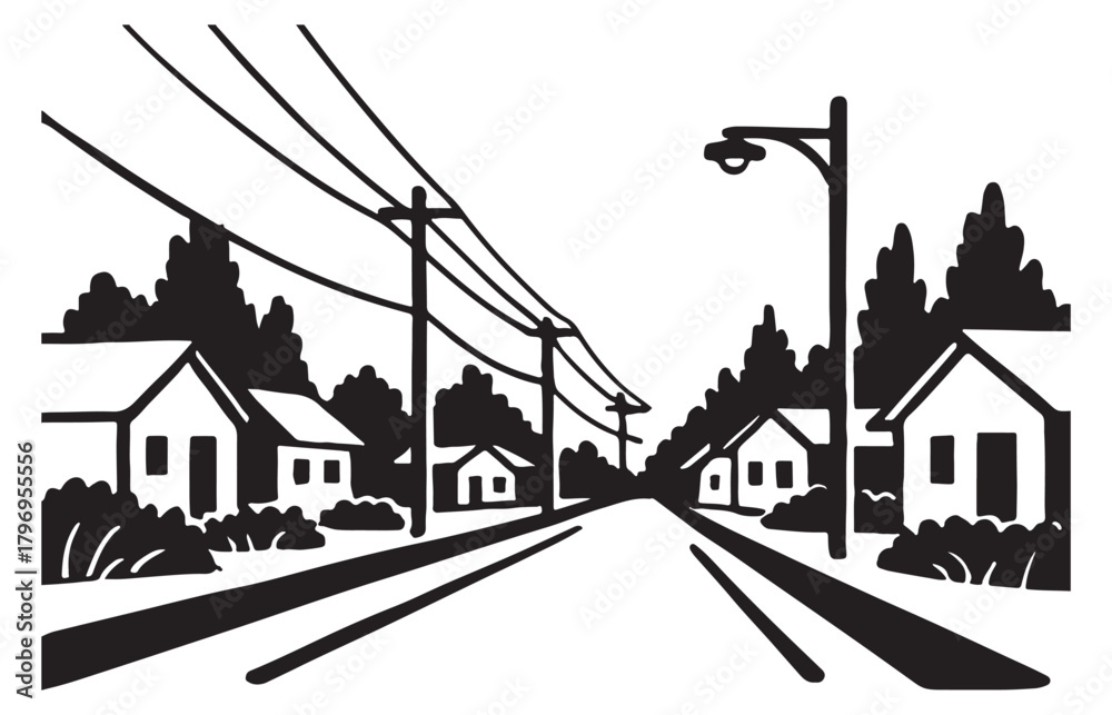Obraz premium Black and white illustration of a quiet suburban street lined with houses and utility poles under a clear sky