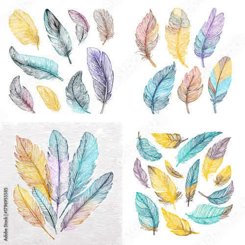 Vibrant watercolor feathers in teal, yellow, purple, and blue. Hand-drawn plumes with fine texture for creative patterns, crafting, stationery, and modern decorative layouts.