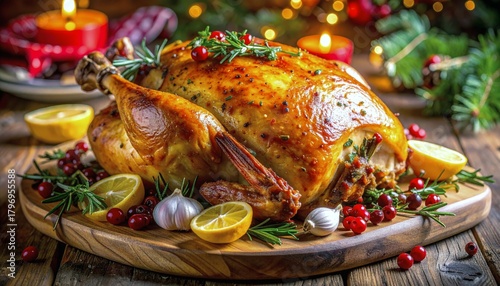 Fototapeta Naklejka Na Ścianę i Meble -  A beautifully presented roasted turkey as the centerpiece of a festive Christmas dinner table