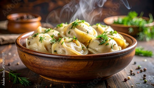The dumplings are garnished with fresh dill, exuding warmth and homeliness