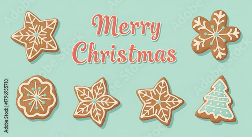 Delicious gingerbread cookies shaped like snowflakes and Christmas trees for a sweet holiday celebration, perfect for festive greeting cards and social posts