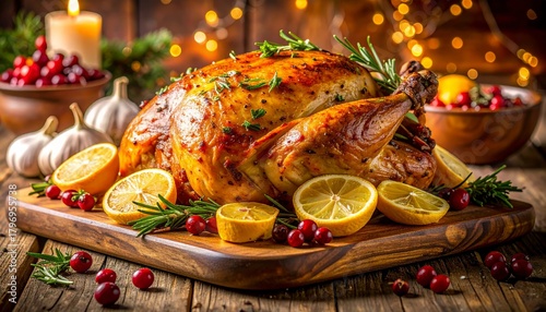 A beautifully presented roasted turkey as the centerpiece of a festive Christmas dinner table. The golden-brown bird is garnished with fresh lemon slices, whole garlic cloves, vibrant red cranberries