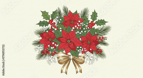 Elegant Poinsettia Bouquet with Holly Berries and Gold Ribbon for Festive Holiday Greetings, Christmas Cards, and Winter Celebrations, originally a scalable vector graphic