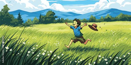 happy young woman jumping in the field