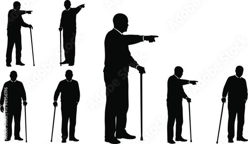 Senior mobility gesture silhouettes cartoon illustration, symbolic cane posture and expressive elder identity artwork for design and education