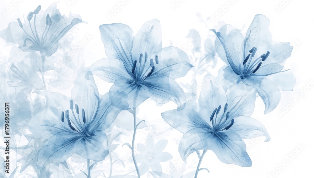 Fototapeta premium Watercolor artwork featuring transparent flowers, delicate blue lilies on a light backdrop, suitable for editorial design