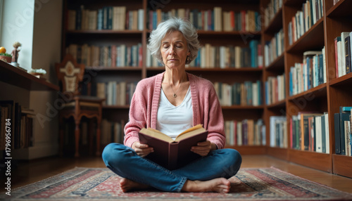 Mature woman sits cross-legged on rug, holding open book. Shelves filled with books surround her in library setting. She appears calm and focused on reading.