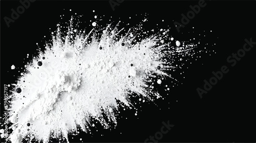 Dynamic burst of pristine white powder particles exploding and dispersing outwards against a stark, deep black background, creating an energetic and abstract visual texture with high contrast