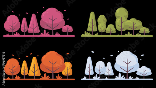 Natural all seasons landscape featuring a single tree in clean flat style, presenting a beautiful eco-friendly park environment and peaceful scenery representing harmony with nature throughout the yea