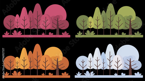 Natural all seasons landscape featuring a single tree in clean flat style, presenting a beautiful eco-friendly park environment and peaceful scenery representing harmony with nature throughout the yea