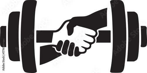 Handshake inside a barbell silhouette, fitness partnership logo vector illustration
