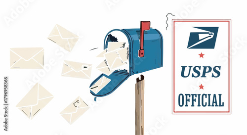 Blue traditional mailbox overflowing with flying letters illustration for high volume mail delivery concept