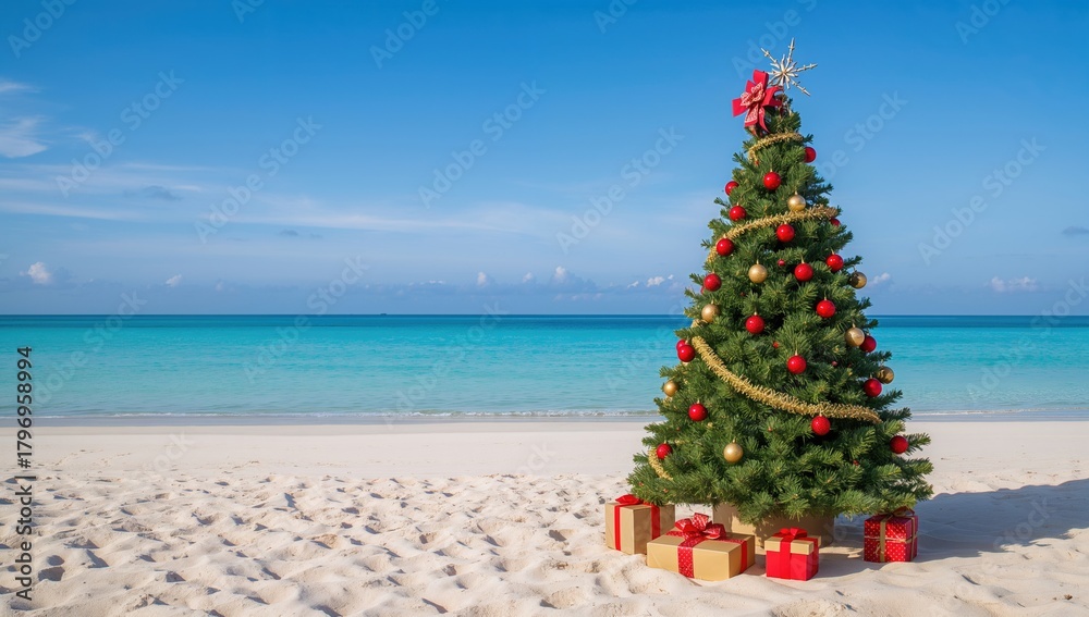 Fototapeta premium Christmas Tree by the shore, seasonal celebration