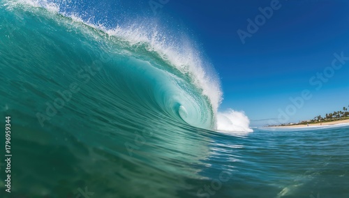Fototapeta Naklejka Na Ścianę i Meble -  Breaking summer wave crashing on the beach, showcasing the power of the ocean, surfing experience