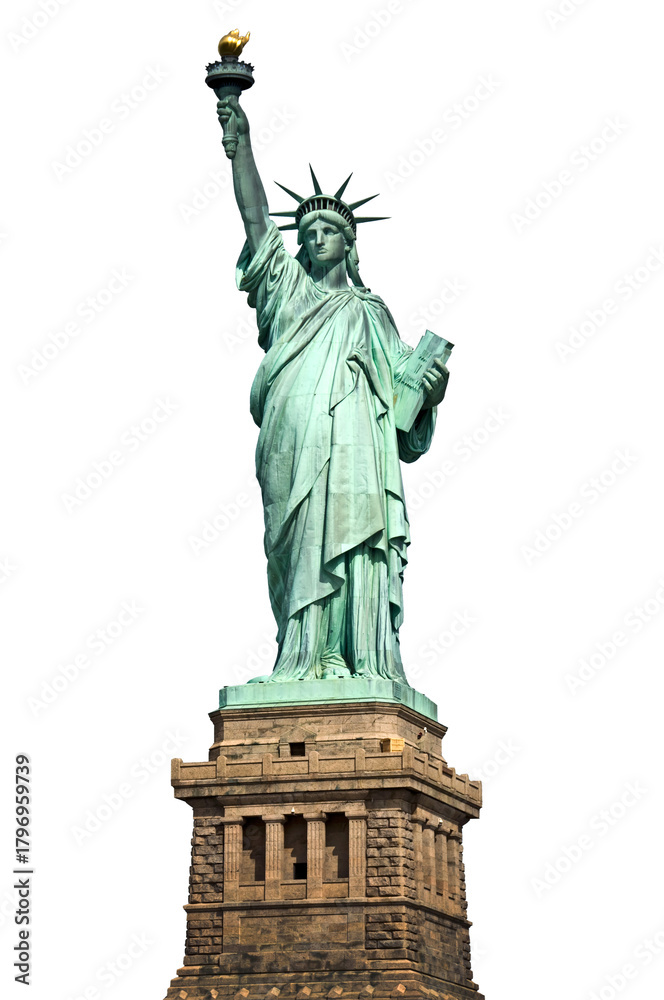 Fototapeta premium Statue of Liberty and her pedestal isolated on white or transparent background in New York, USA, png cut out