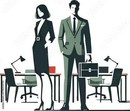 Business people in office with desks and chairs woman