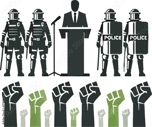 Government speaker with police protection and protest fists