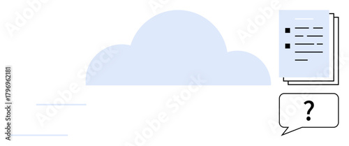 Cloud with flying lines, stack of documents, speech bubble with question mark. Ideal for online storage, data sharing, collaboration, communication, teamwork, information technology simple flat