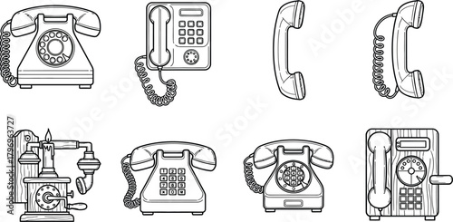 Vintage and modern telephone icons in outline vector style