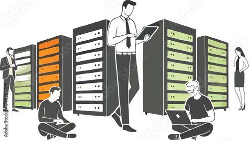 People working with servers in a data center server racks