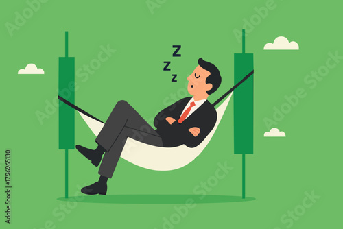 Passive income concept, earning with no effort by make profit or dividend from investment and achieve financial freedom concept, businessman sleeping in hammock with investment growth graph bar