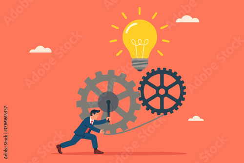great idea development, strategy to success or improvement, efficiency or productivity concept, careful planning, businessman moves the cogwheel gears to activate the lightbulb idea