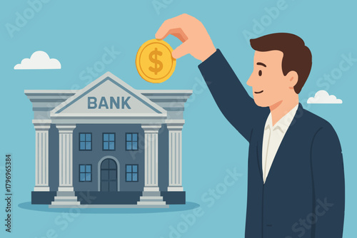 deposit money in a bank vector illustration, object financial investment, cash deposit to the bank, profit in crease concept, businessman hand putting golden coin into bank building concept design