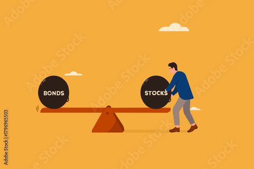 stock and bonds in balance illustration, weight ball on seesaw that symbolize harmony and equity between Stock and bonds, businessman balancing the weight of stock and bonds on a seesaw illustration