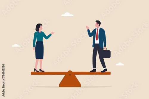 gender equality, Equal Rights of Men and Women, workplace fairness, fairness regarding the diversity of company employees, man and woman standing on a seesaw with equal balance