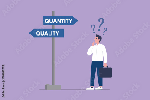 choosing quality or quantity concept illustration. businessmen who are confused about choosing quality or quantity direction boards. management to assure excellent work concept illustration flt style