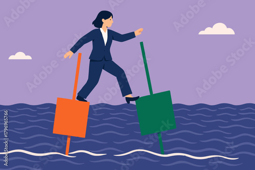 try new opportunities in business investment, navigating stock market volatility, make a decision to buy shares, profitable business, woman investor moves to buoy from growing investment bar chart