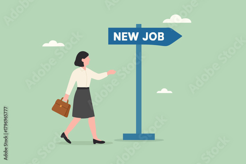 new job recruitment concept, business or career opportunity, new challenge to reach success, happy businesswoman running following a sign with the words new job