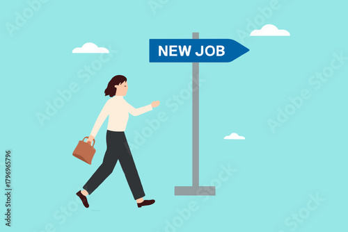 new job recruitment concept, business or career opportunity, new challenge to reach success, happy businesswoman running following a sign with the words new job