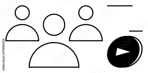 Three outlined human figures alongside a play button and lines evoke themes of communication, media sharing, and collaboration. Ideal for teamwork, management, digital media, social connection