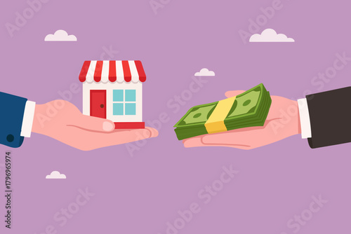 company buyout, selling company offer or merger, acquisition agreement or take over, franchise business concept, businessman offering money to buy a company or franchise business concept illustration