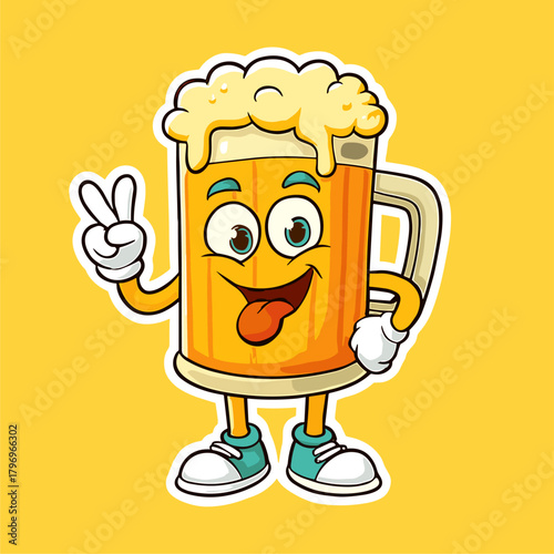 Smiling beer glass mascot cartoon shows peace