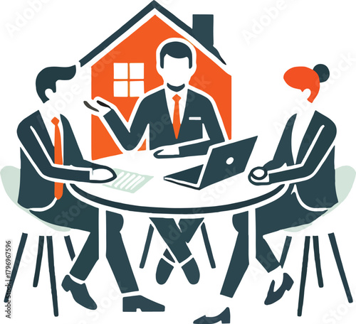 Three people in suits meeting around a table with a house icon