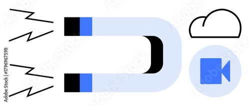 Magnet with lightning bolts attracting a cloud and video icon, symbolizing digital connection, communication, and data transfer. Ideal for technology, networking, innovation, marketing, cloud