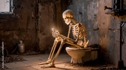 Skeleton toilet cell phone abandoned decay dark eerie creepy gothic horror ruins decaying desolate macabre artistic lighting contrast