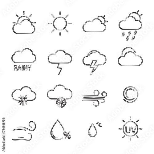 Hand-drawn Weather Forecast Icon Set.