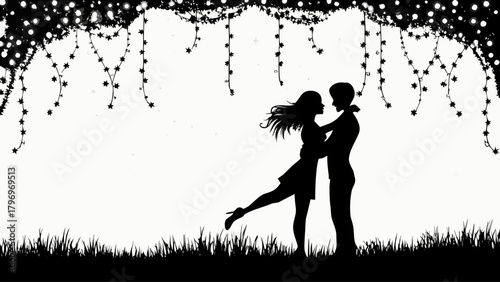 Romantic silhouette of couple embracing beneath twinkling lights, perfect for wedding invitations, Valentine's Day cards, or heartfelt social media posts